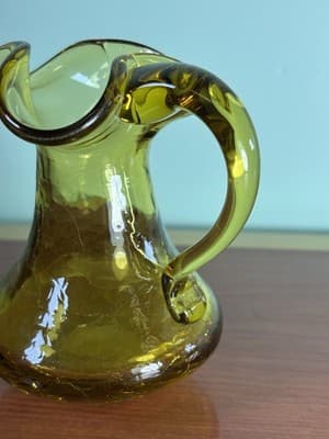 Vintage Amber CRACKLE GLASS Pitcher Bud Vase by Rainbow Glass 5.5” - Thumbnail 4