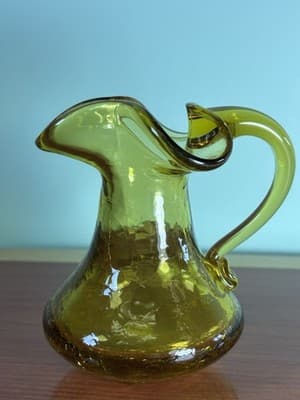 Vintage Amber CRACKLE GLASS Pitcher Bud Vase by Rainbow Glass 5.5” - Thumbnail 3