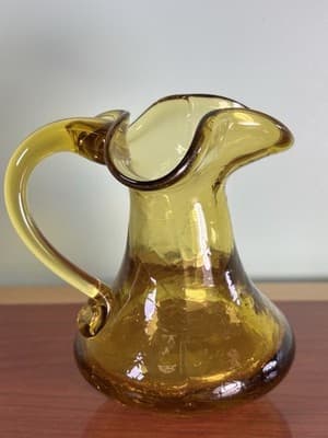 Vintage Amber CRACKLE GLASS Pitcher Bud Vase by Rainbow Glass 5.5”