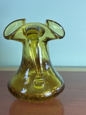 Vintage Amber CRACKLE GLASS Pitcher Bud Vase by Rainbow Glass 5.5” - Thumbnail 5