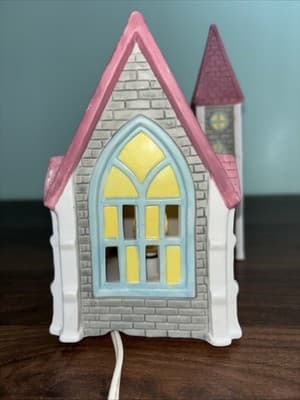 Vintage Holiday Lighted Ceramic Church Pink Purple White Blue 1980’s Test Rite - Thumbnail 4