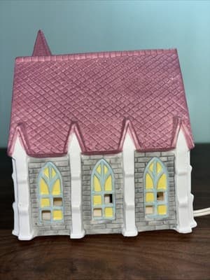 Vintage Holiday Lighted Ceramic Church Pink Purple White Blue 1980’s Test Rite - Thumbnail 3