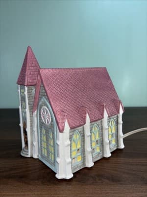 Vintage Holiday Lighted Ceramic Church Pink Purple White Blue 1980’s Test Rite - Thumbnail 2