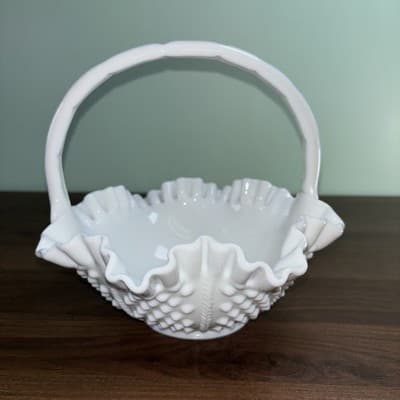 Easter Hobnail Milk Glass Double Ruffled Handled Fenton Art Glass VTG Basket - Thumbnail 3