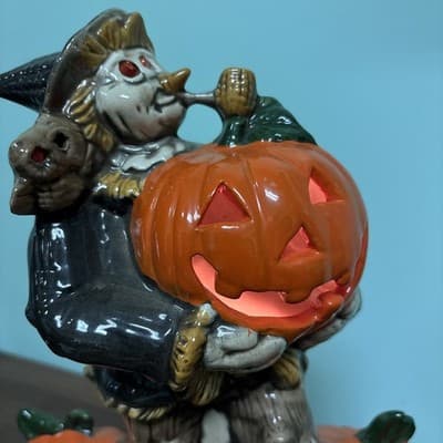 VTG Large Scarecrow Jack O Lantern Ceramic Pumpkin Base Lighted w/Cord Halloween - Thumbnail 4