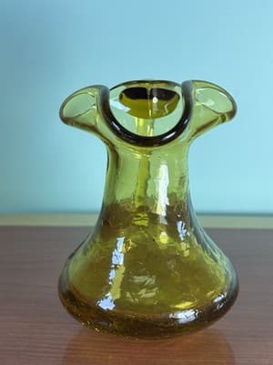 Vintage Amber CRACKLE GLASS Pitcher Bud Vase by Rainbow Glass 5.5” - Thumbnail 2