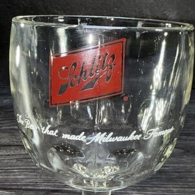 Vintage Schlitz Beer Milwaukee Clear Glass Goblet Thumb Print Stemware 6” 16 O - Thumbnail 2