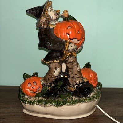 VTG Large Scarecrow Jack O Lantern Ceramic Pumpkin Base Lighted w/Cord Halloween - Thumbnail 2