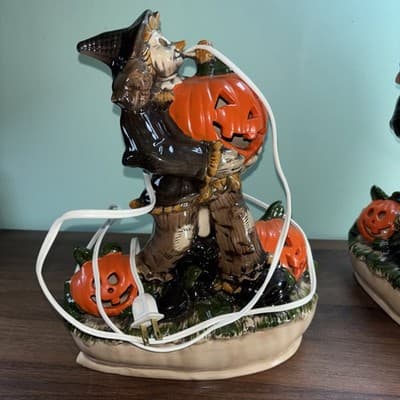 VTG Large Scarecrow Jack O Lantern Ceramic Pumpkin Base Lighted w/Cord Halloween - Thumbnail 18