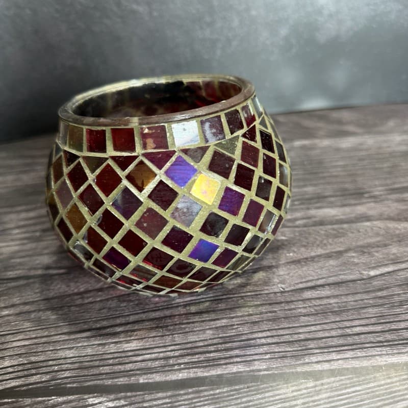 Vintage Red Mosaic Stained Glass Votive Tea Light Candle Holder - Thumbnail 3