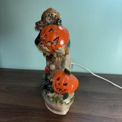 VTG Large Scarecrow Jack O Lantern Ceramic Pumpkin Base Lighted w/Cord Halloween - Thumbnail 13