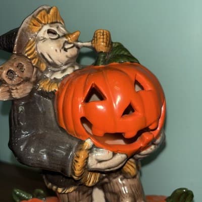 VTG Large Scarecrow Jack O Lantern Ceramic Pumpkin Base Lighted w/Cord Halloween - Thumbnail 3