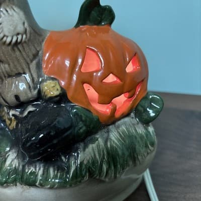 VTG Large Scarecrow Jack O Lantern Ceramic Pumpkin Base Lighted w/Cord Halloween - Thumbnail 5