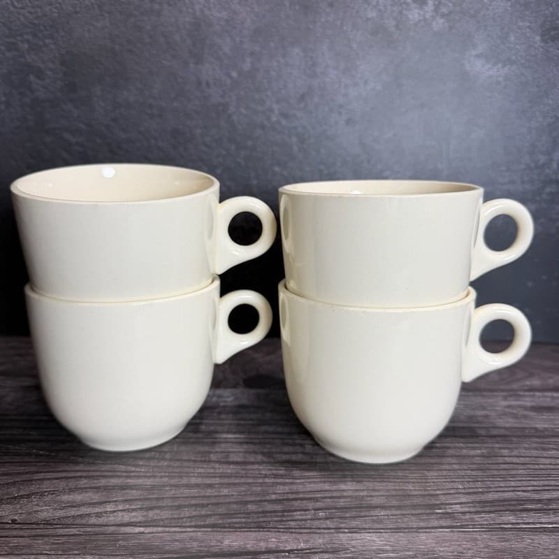 Set of 4 Vintage Scio White Coffee Mugs with Art Deco Loop Handle