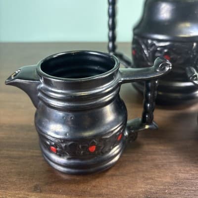 Royal Sealy Japan Redware Metallic Black Red Four Cup Tea Pot Sugar Creamer VTG - Thumbnail 13