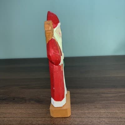 Folk Art Carved Wooden Sant Claus Figurine Hand Painted Vintage 6.5" Red Green - Thumbnail 4