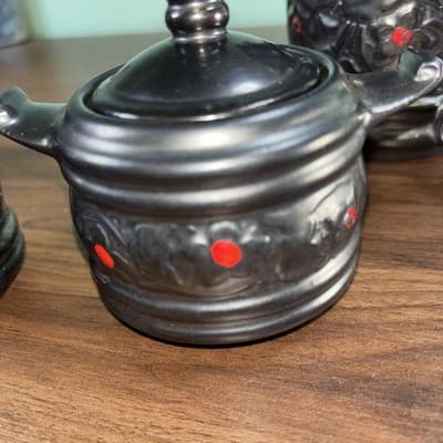 Royal Sealy Japan Redware Metallic Black Red Four Cup Tea Pot Sugar Creamer VTG - Thumbnail 11