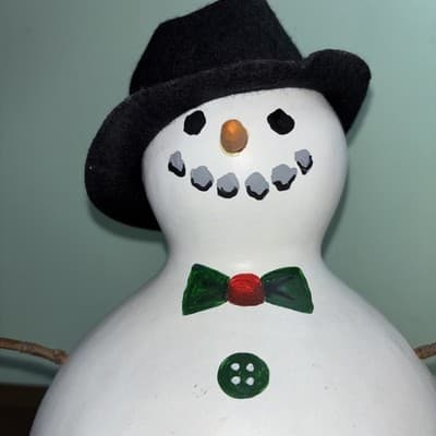 10.5” GOURD SNOWMAN Felt Top hat Bow tie Rustic Cute Coal Eyes Buttons Carrot - Thumbnail 2