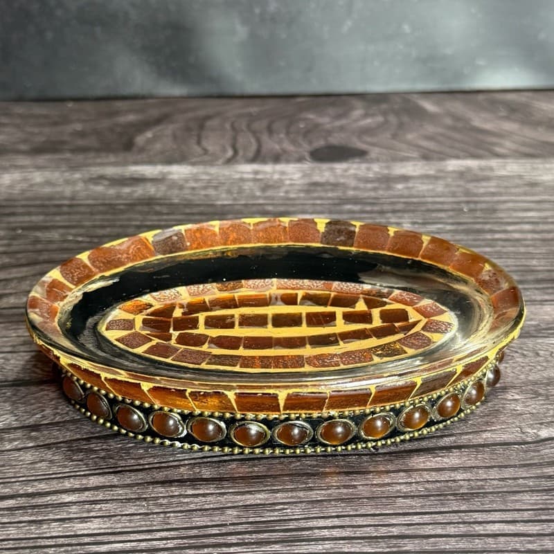 Vintage Handcrafted Amber Mosaic Tile Oval Soap Dish with Beaded Gemstone Studde
