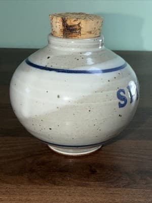 Stoneware “Spices” Jars Large Round Redware Salt Glazed Containers With Cork - Thumbnail 8