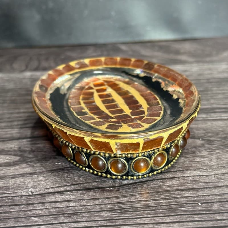 Vintage Handcrafted Amber Mosaic Tile Oval Soap Dish with Beaded Gemstone Studde - Thumbnail 6