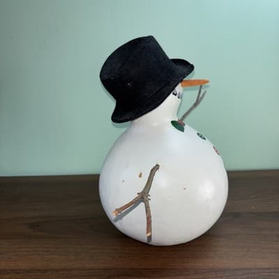 10.5” GOURD SNOWMAN Felt Top hat Bow tie Rustic Cute Coal Eyes Buttons Carrot - Thumbnail 4