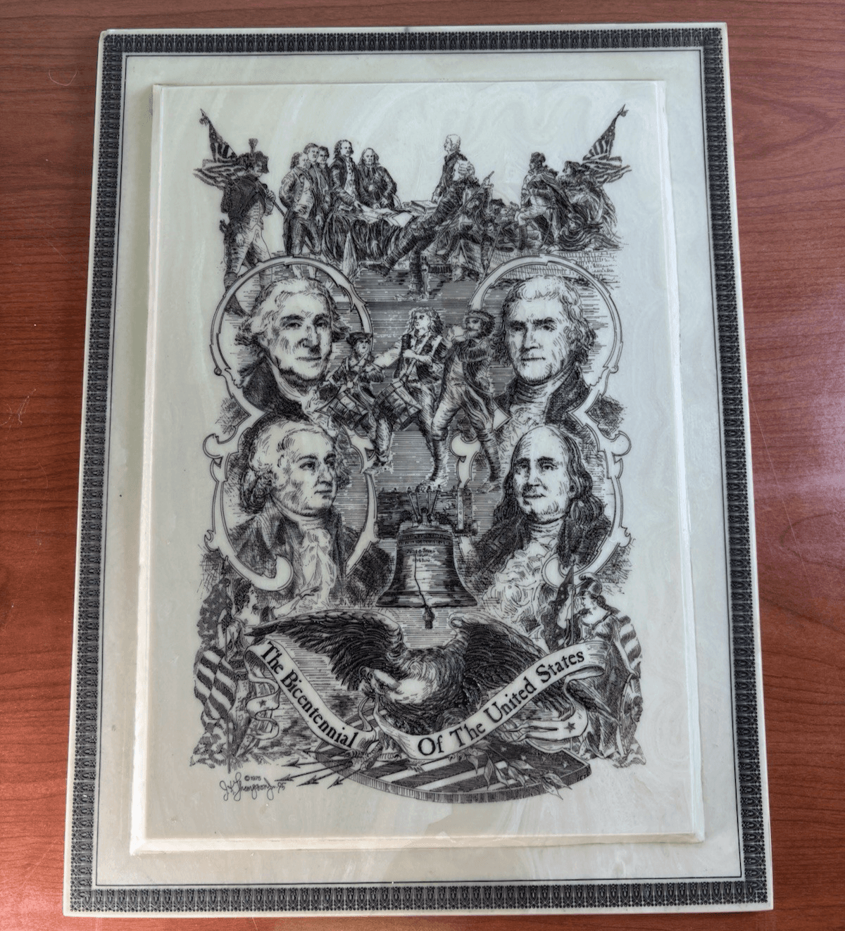 VTG JK THOMPSON JR. Patriotic ETCHED Wall Plaque 1975 BICENTENNIAL UNITED STATES