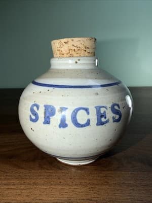 Stoneware “Spices” Jars Large Round Redware Salt Glazed Containers With Cork