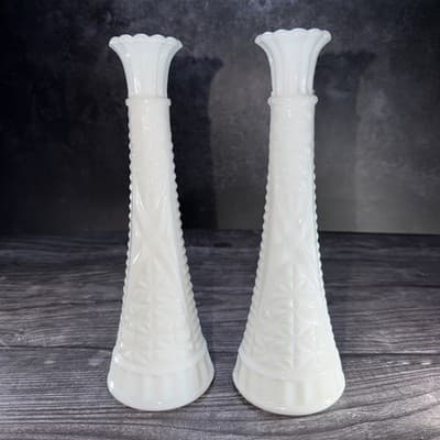 Set of 2 Vintage Anchor Hocking Milk Glass 9" Stars and Bars Flower Bud Vases