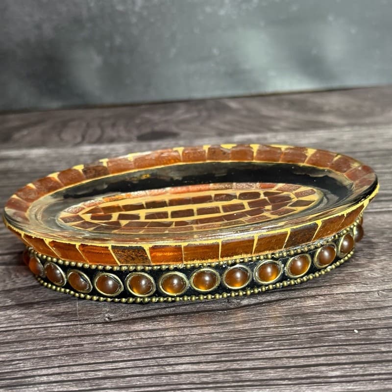 Vintage Handcrafted Amber Mosaic Tile Oval Soap Dish with Beaded Gemstone Studde - Thumbnail 3