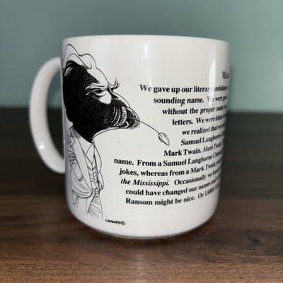 Mark Twain Caricature Coffee Mug White, Black, 1992 Largely Literary Designs Inc