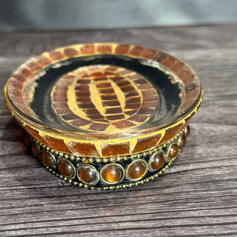 Vintage Handcrafted Amber Mosaic Tile Oval Soap Dish with Beaded Gemstone Studde - Thumbnail 4
