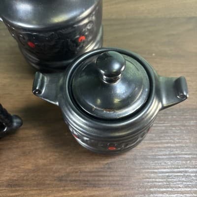 Royal Sealy Japan Redware Metallic Black Red Four Cup Tea Pot Sugar Creamer VTG - Thumbnail 16