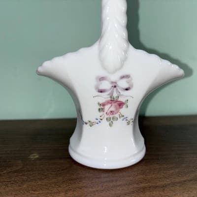 Vintage Westmoreland Milk Glass Basket Hand Painted Ribbon Flowers Small 7” Pi - Thumbnail 6