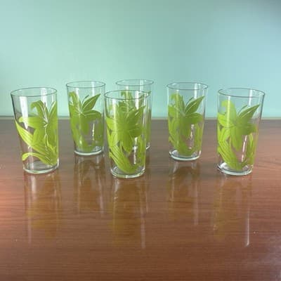 Set of 6 Vintage MCM Lilly Flower Green Juice Cups Drinking Glasses 8 Oz 4 1/2" - Thumbnail 2