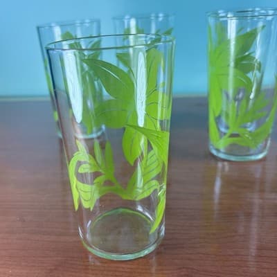 Set of 6 Vintage MCM Lilly Flower Green Juice Cups Drinking Glasses 8 Oz 4 1/2" - Thumbnail 6
