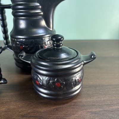 Royal Sealy Japan Redware Metallic Black Red Four Cup Tea Pot Sugar Creamer VTG - Thumbnail 15
