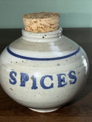 Stoneware “Spices” Jars Large Round Redware Salt Glazed Containers With Cork - Thumbnail 2