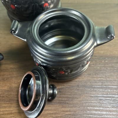 Royal Sealy Japan Redware Metallic Black Red Four Cup Tea Pot Sugar Creamer VTG - Thumbnail 17