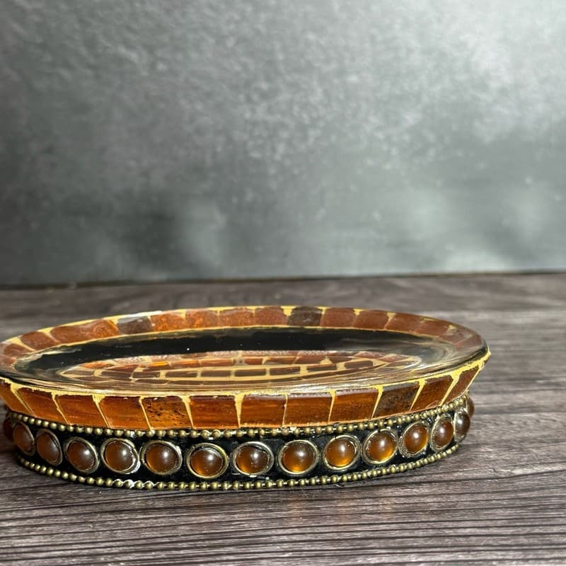 Vintage Handcrafted Amber Mosaic Tile Oval Soap Dish with Beaded Gemstone Studde - Thumbnail 5