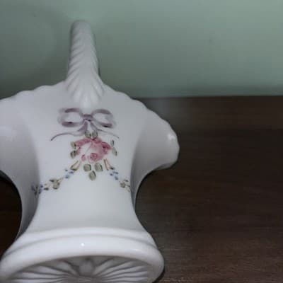 Vintage Westmoreland Milk Glass Basket Hand Painted Ribbon Flowers Small 7” Pi - Thumbnail 10