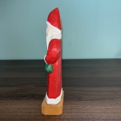 Folk Art Carved Wooden Sant Claus Figurine Hand Painted Vintage 6.5" Red Green - Thumbnail 2