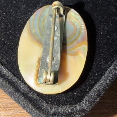 Antique Sterling Oval Layered Mother Of Pearl Brooch C Clasp Pin Peach - Thumbnail 4