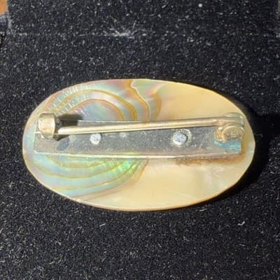 Antique Sterling Oval Layered Mother Of Pearl Brooch C Clasp Pin Peach - Thumbnail 2
