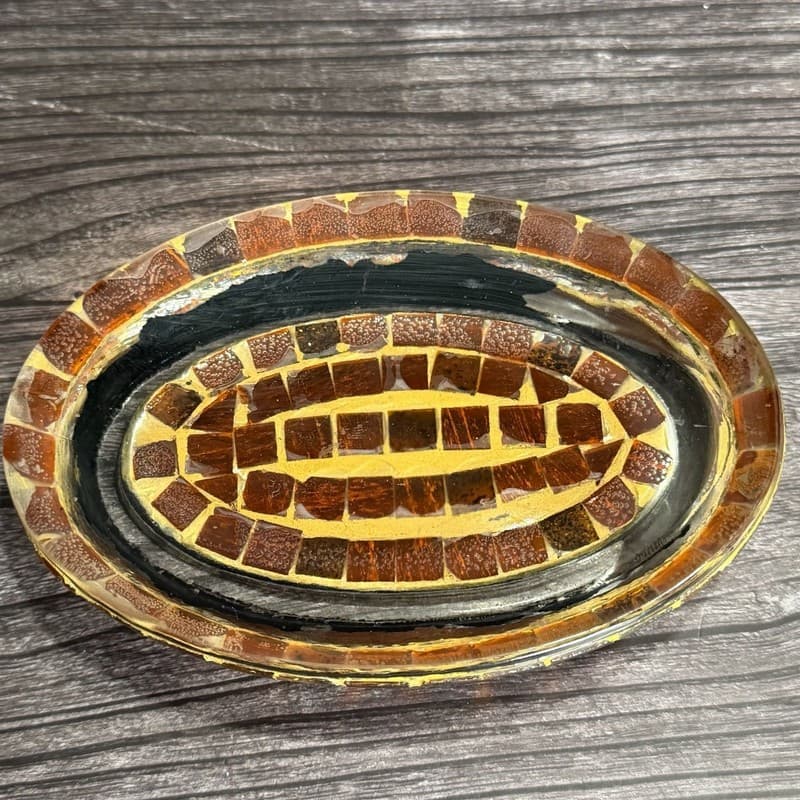 Vintage Handcrafted Amber Mosaic Tile Oval Soap Dish with Beaded Gemstone Studde - Thumbnail 2