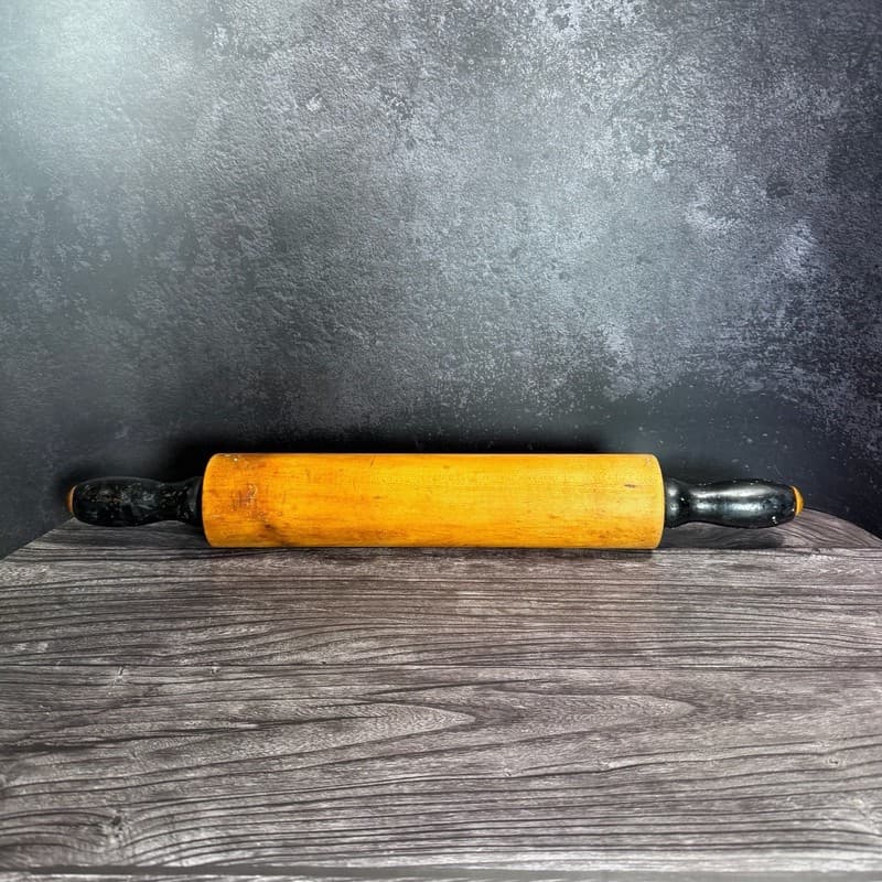 Vintage Hand-Turned Wood Rolling Pin with Black Painted Handles 19”