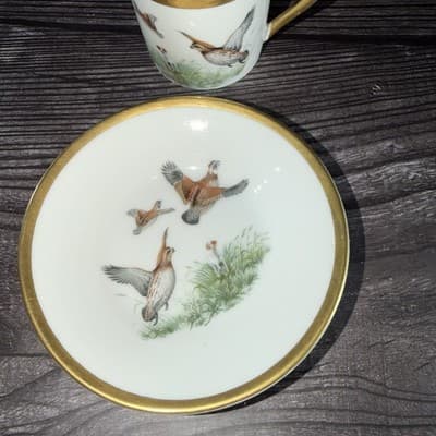 Artibus Portugal Porcelain Tea Cup & Saucer Pheasants Gold Rim Birds Hunting Dog - Thumbnail 3