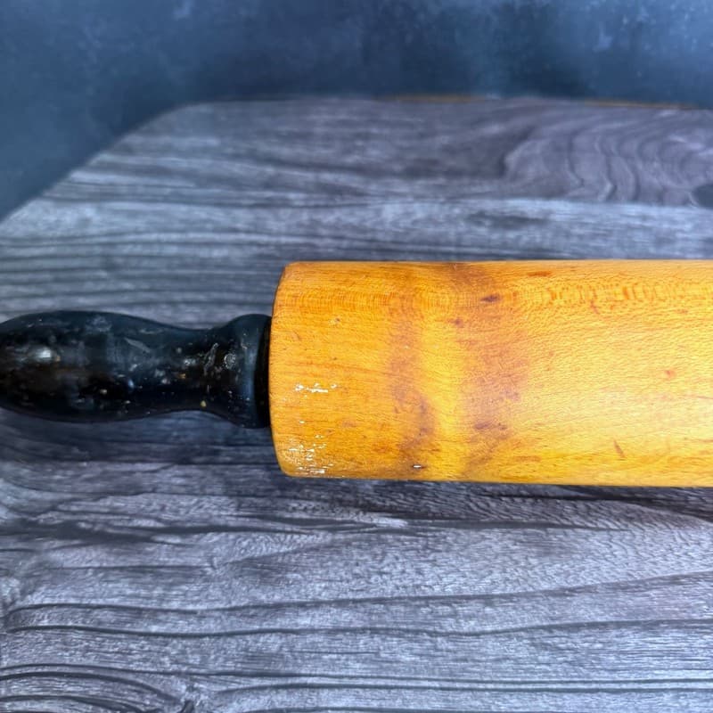 Vintage Hand-Turned Wood Rolling Pin with Black Painted Handles 19” - Thumbnail 6