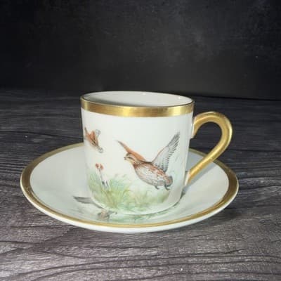 Artibus Portugal Porcelain Tea Cup & Saucer Pheasants Gold Rim Birds Hunting Dog