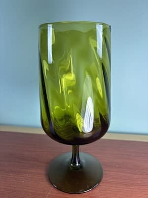 Vintage Empoli Italian Art Glass Stem Vase Olive Green 8.5” H Optic Swirl Tall - Thumbnail 9